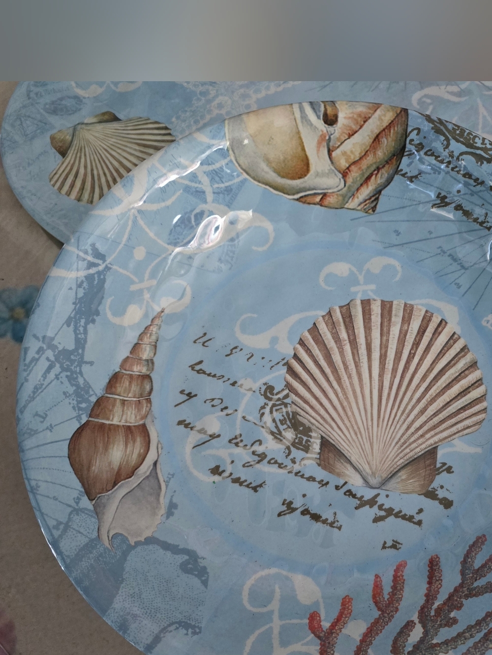 Coastal Seashell Serving Bowl Plate Summer Large Blue